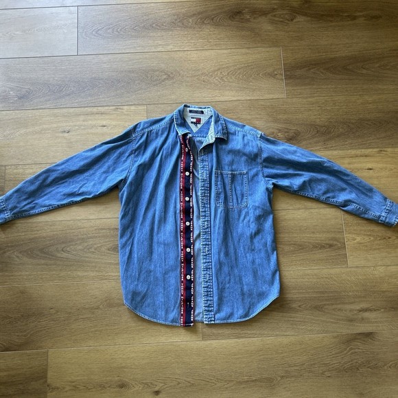 Tommy Jeans Hilfiger Long Sleeve Button Up Blue Denim Pocket Men’s M Classic - Picture 1 of 11